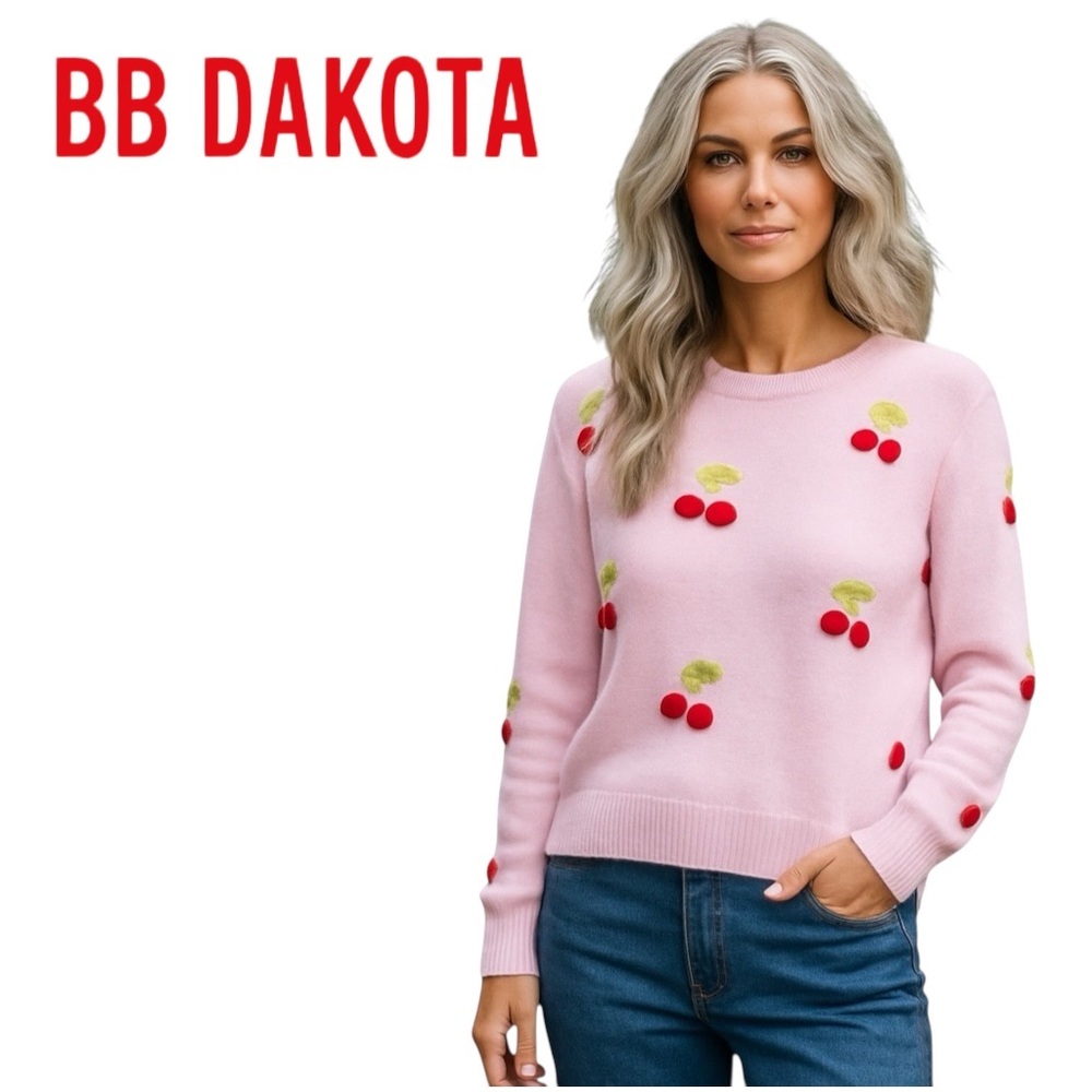 BB Dakota Pink Cherry-Embroidered Crewneck Sweater